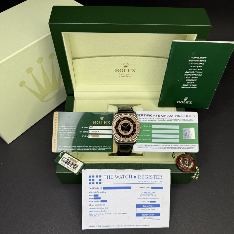 Rolex Cellini Danaos, 4243/9BIC, 38mm, 2006, Rose/White gold, Black/Bronze Arabic dial, Fullset, 1y warranty