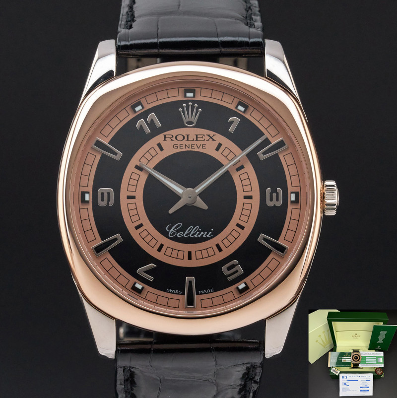 Rolex Cellini Danaos, 4243/9BIC, 38mm, 2006, Rose/White gold, Black/Bronze Arabic dial, Fullset, 1y warranty