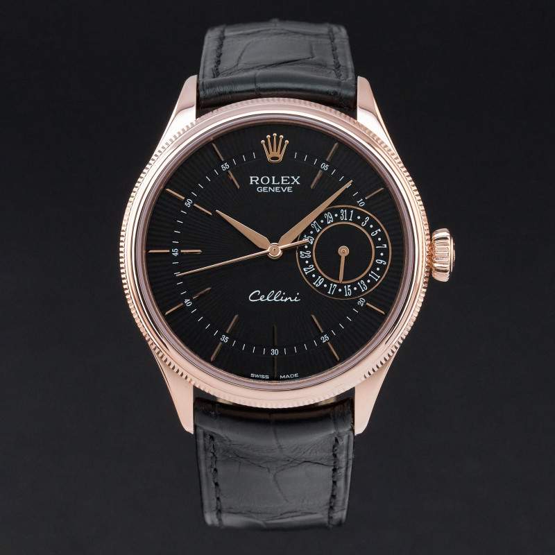 Rolex Cellini Date, 50515, 39mm, 2016, Rose gold, Black Guilloche dial, Fullset, Official warranty
