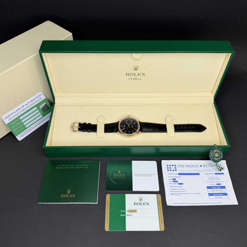 Rolex Cellini Date, 50515, 39mm, 2016, Rose gold, Black Guilloche dial, Fullset, Official warranty