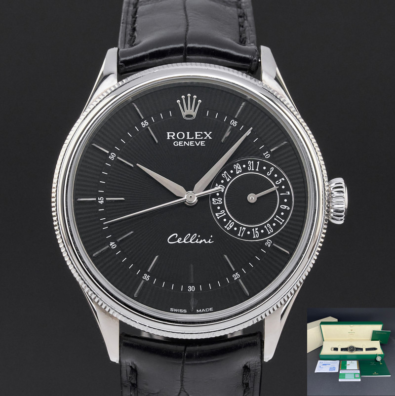 Rolex Cellini Date, 50519, 39mm, 2016, White Gold, Black Guilloche dial, Fullset, 1y warranty