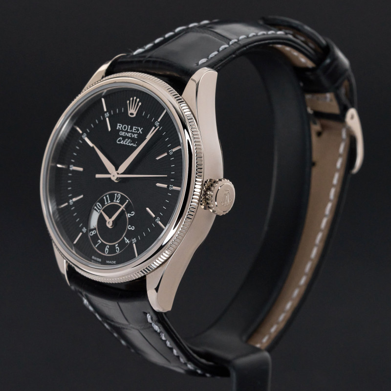 Rolex Cellini Dual Time, 50529, 39mm, 2014, White gold, Black Guilloche dial, Fullset, 1y warranty