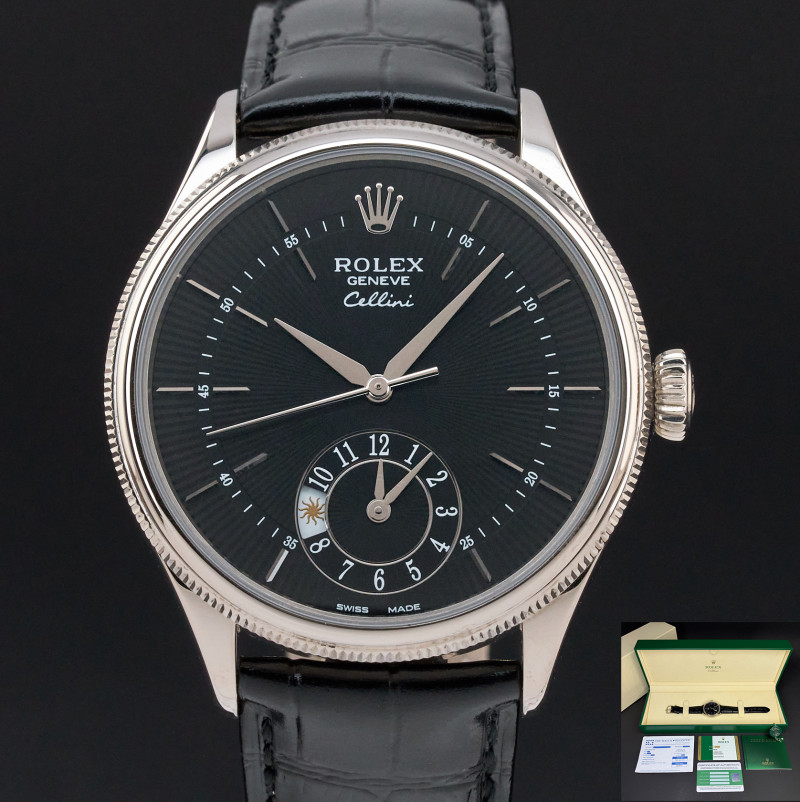 Rolex Cellini Dual Time, 50529, 39mm, 2020, White gold, Black Guilloche dial, Fullset, 1y warranty