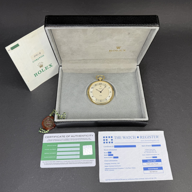 Rolex Cellini Pocket Watch, 3761, 48mm, 1995, Yellow gold, Silver Arabic dial, Fullset, 1y warranty