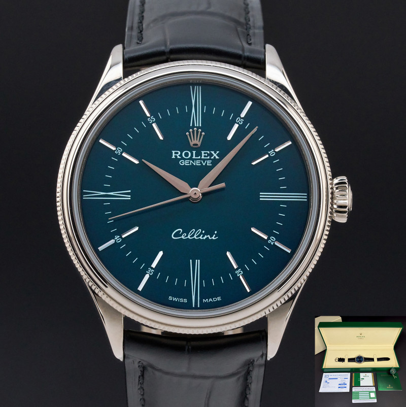 Rolex Cellini Time, 50509, 39mm, 2016, White gold, Blue Roman dial, Fullset, 1y warranty