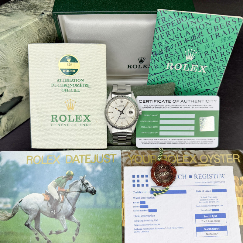 Rolex Datejust, 1603, 36mm, 1973, Steel, Silver Linen dial, Fullset, 1y warranty