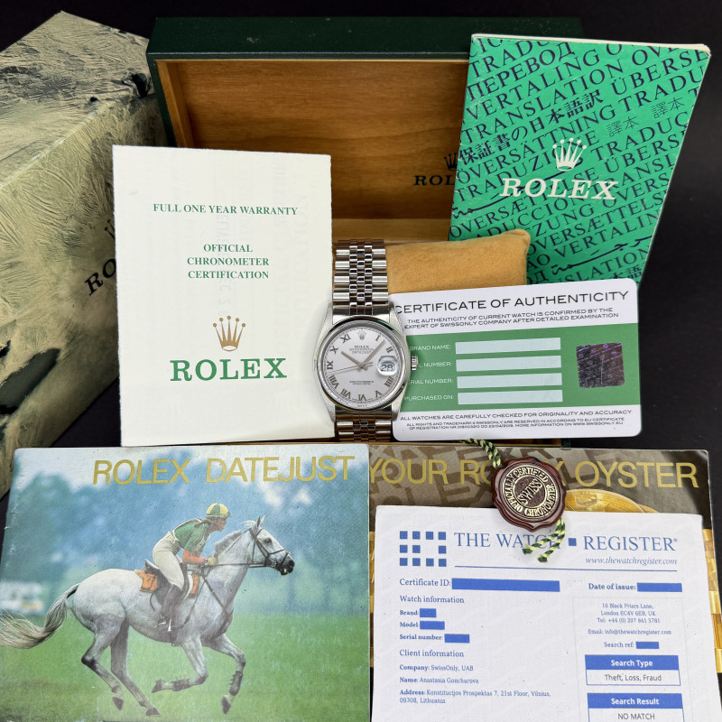 Rolex Datejust, 16200, 36mm, 1997, Steel, Silver Roman dial, Fullset, 1y warranty