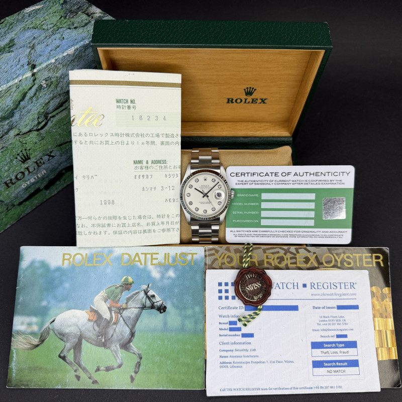 Rolex Datejust, 16234, 36mm, 1996, Steel, Silver Big Diamond dial, Fullset, 1y warranty