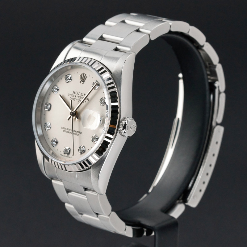 Rolex Datejust, 16234, 36mm, 1996, Steel, Silver Big Diamond dial, Fullset, 1y warranty