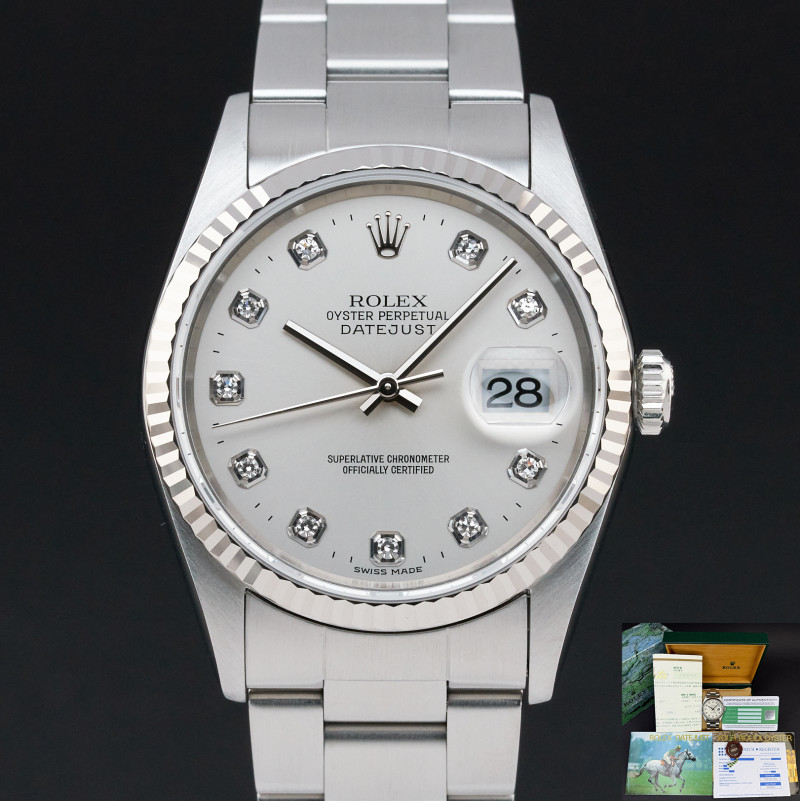 Rolex Datejust, 16234, 36mm, 1996, Steel, Silver Big Diamond dial, Fullset, 1y warranty