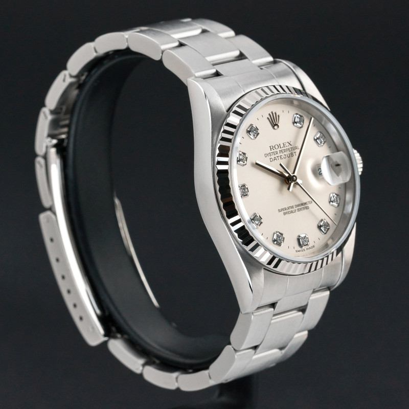 Rolex Datejust, 16234, 36mm, 1996, Steel, Silver Big Diamond dial, Fullset, 1y warranty