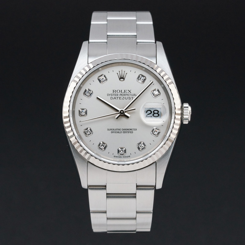 Rolex Datejust, 16234, 36mm, 1996, Steel, Silver Big Diamond dial, Fullset, 1y warranty