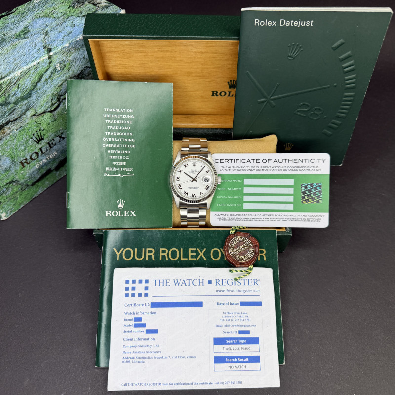 Rolex Datejust, 16234, 36mm, 2005, Steel, White Roman dial, Box, 1y warranty