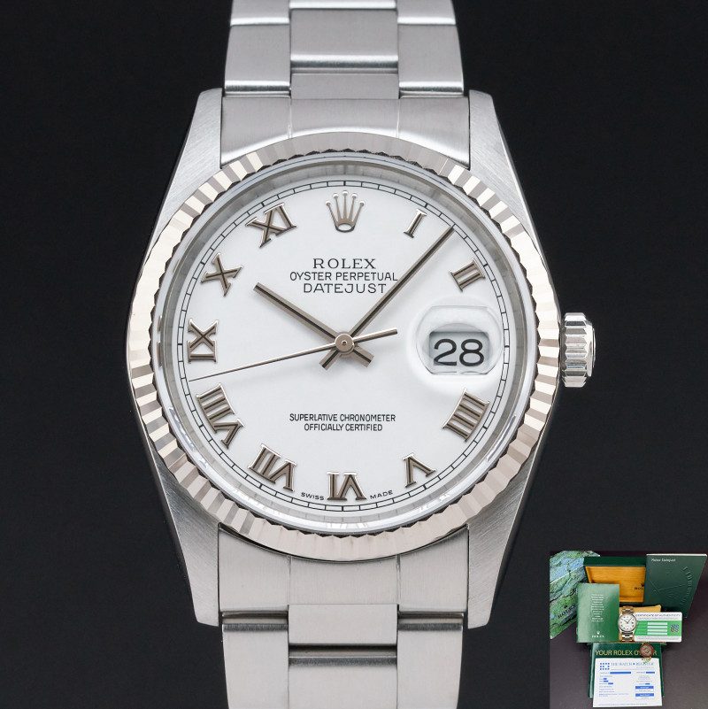 Rolex Datejust, 16234, 36mm, 2005, Steel, White Roman dial, Box, 1y warranty