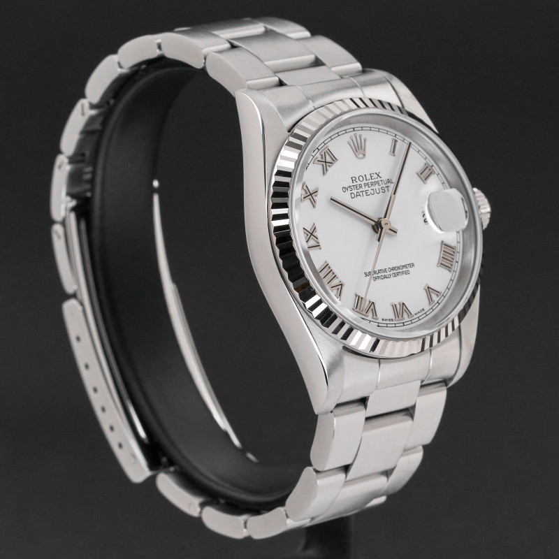 Rolex Datejust, 16234, 36mm, 2005, Steel, White Roman dial, Box, 1y warranty