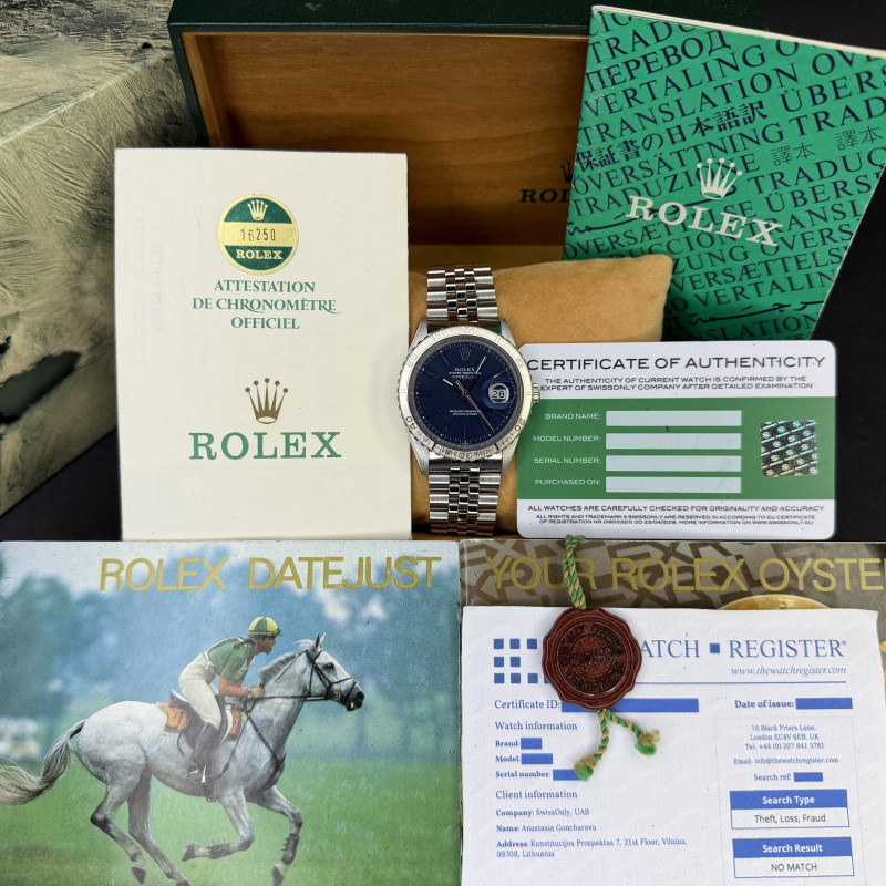 Rolex Datejust Turn-O-Graph, 16250, 36mm, 1982, Steel, Blue dial, Fullset, 1y warranty