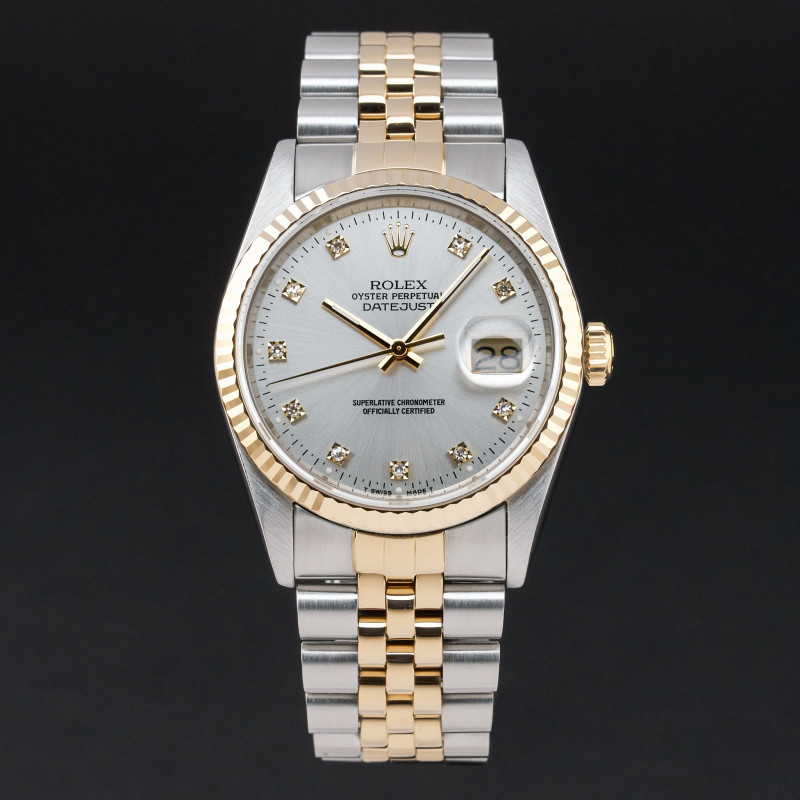 Rolex Datejust, 16233, 36mm, 1988, Two-Tone, Silver Small Diamond dial, Fullset, 1y warranty