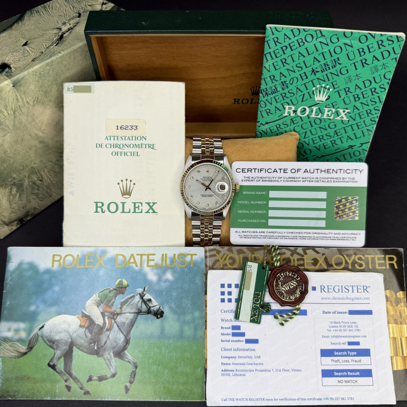 Rolex Datejust, 16233, 36mm, 1988, Two-Tone, Silver Small Diamond dial, Fullset, 1y warranty