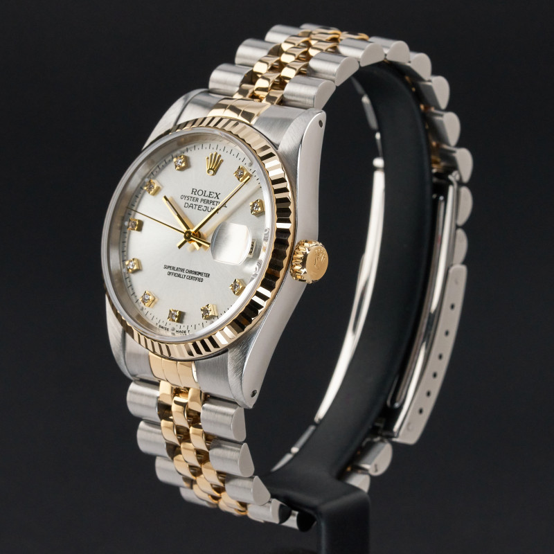 Rolex Datejust, 16233, 36mm, 1988, Two-Tone, Silver Small Diamond dial, Fullset, 1y warranty