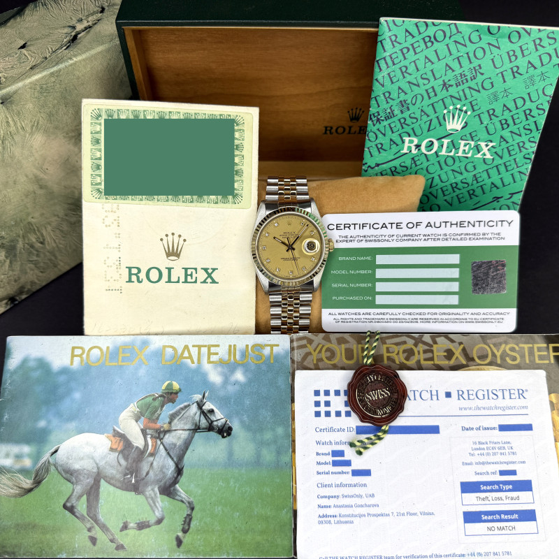 Rolex Datejust, 16233, 36mm, 1991, Two-Tone, Champagne Small Diamond dial, Fullset, 1y warranty
