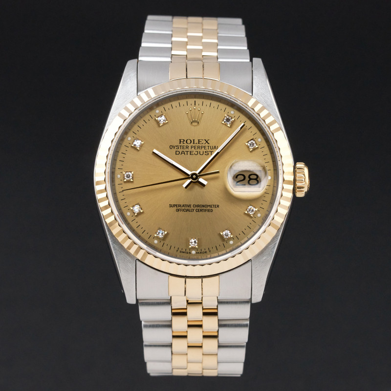 Rolex Datejust, 16233, 36mm, 1991, Two-Tone, Champagne Small Diamond dial, Fullset, 1y warranty