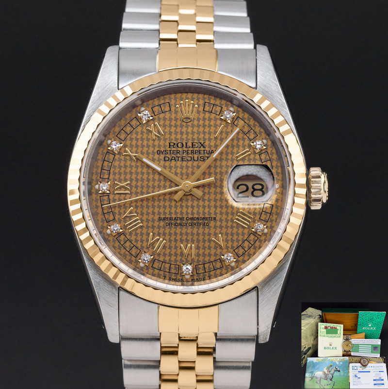 Rolex Datejust, 16233, 36mm, 1991, Two-Tone, Houndstooth Roman Small Diamond dial, Fullset, 1y warranty