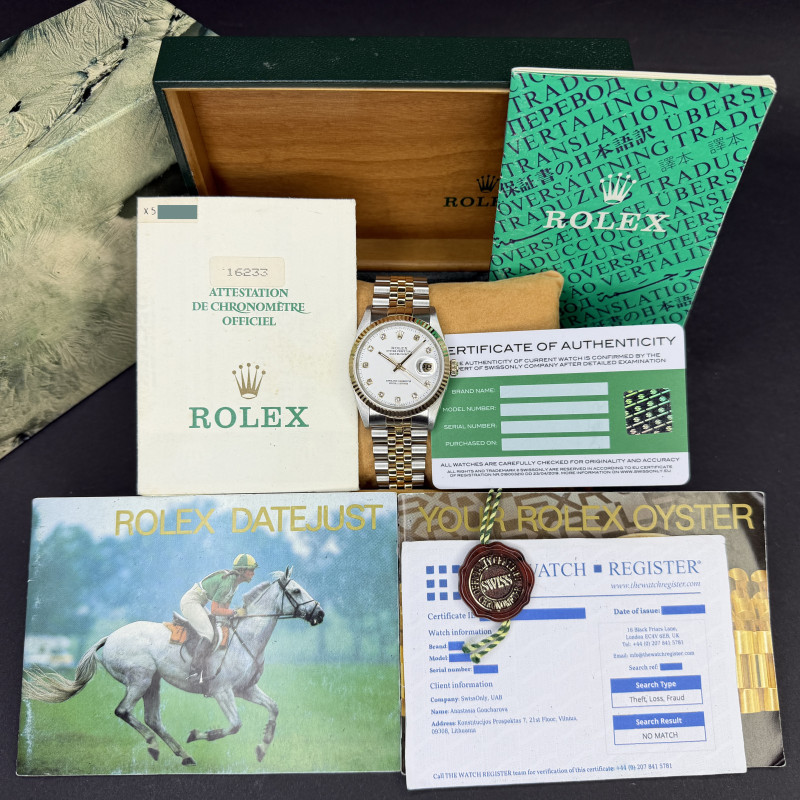 Rolex Datejust, 16233, 36mm, 1991, Two-Tone, White Small Diamond dial, Fullset, 1y warranty