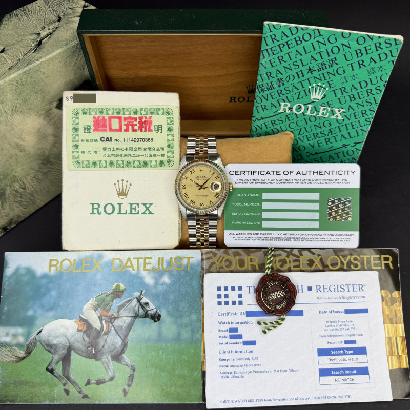 Rolex Datejust, 16233, 36mm, 1994, Two-Tone, Champagne Roman dial, Fullset, 1y warranty