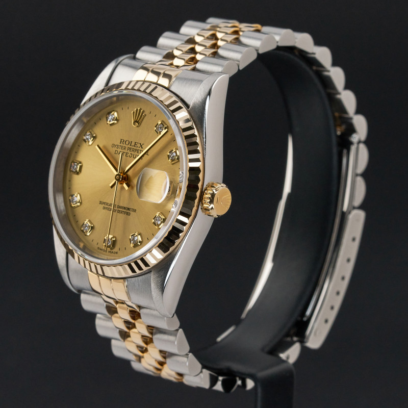 Rolex Datejust, 16233, 36mm, 1995, Two-Tone, Champagne Big Diamond dial, Fullset, 1y warranty