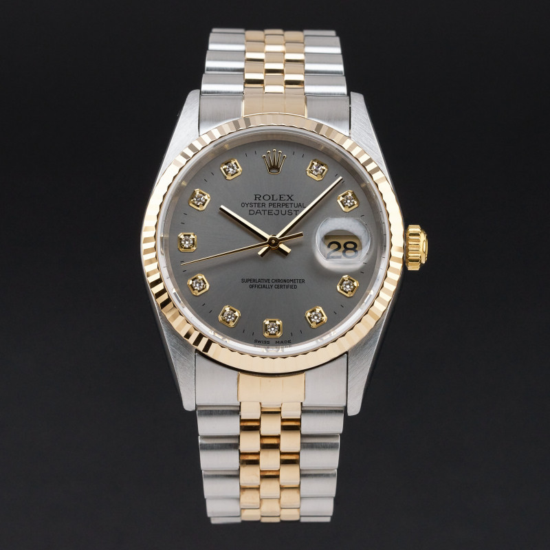 Rolex Datejust, 16233, 36mm, 1996, Two-Tone, Grey Big Diamond dial, Fullset, 1y warranty