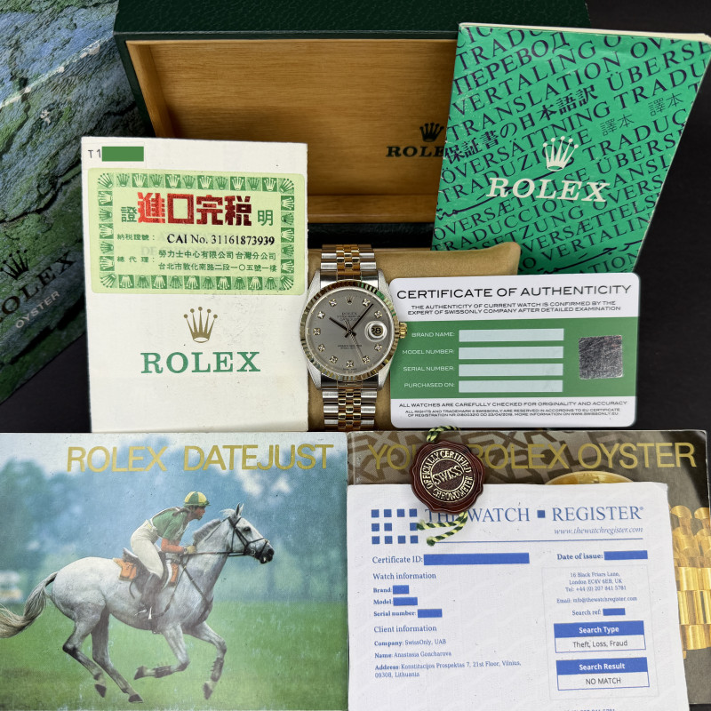 Rolex Datejust, 16233, 36mm, 1996, Two-Tone, Grey Big Diamond dial, Fullset, 1y warranty