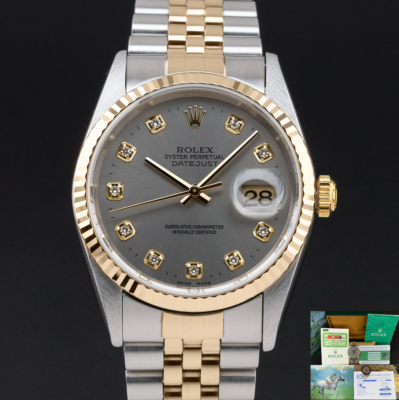 Rolex Datejust, 16233, 36mm, 1996, Two-Tone, Grey Big Diamond dial, Fullset, 1y warranty