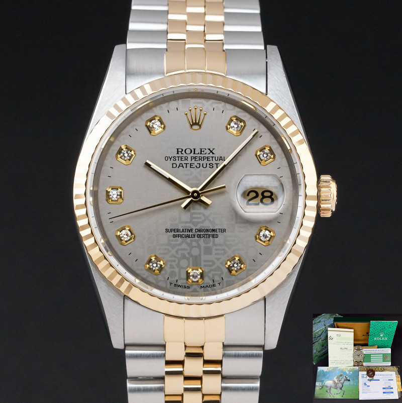 Rolex Datejust, 16233, 36mm, 1996, Two-Tone, Grey Jubilee Big Diamond dial, Fullset, 1y warranty