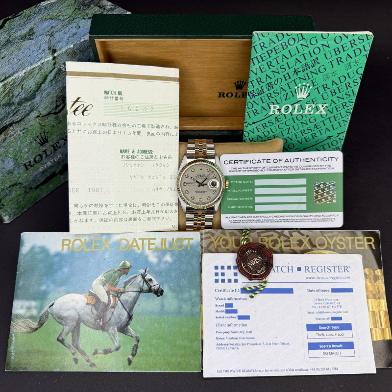 Rolex Datejust, 16233, 36mm, 1996, Two-Tone, Grey Jubilee Big Diamond dial, Fullset, 1y warranty