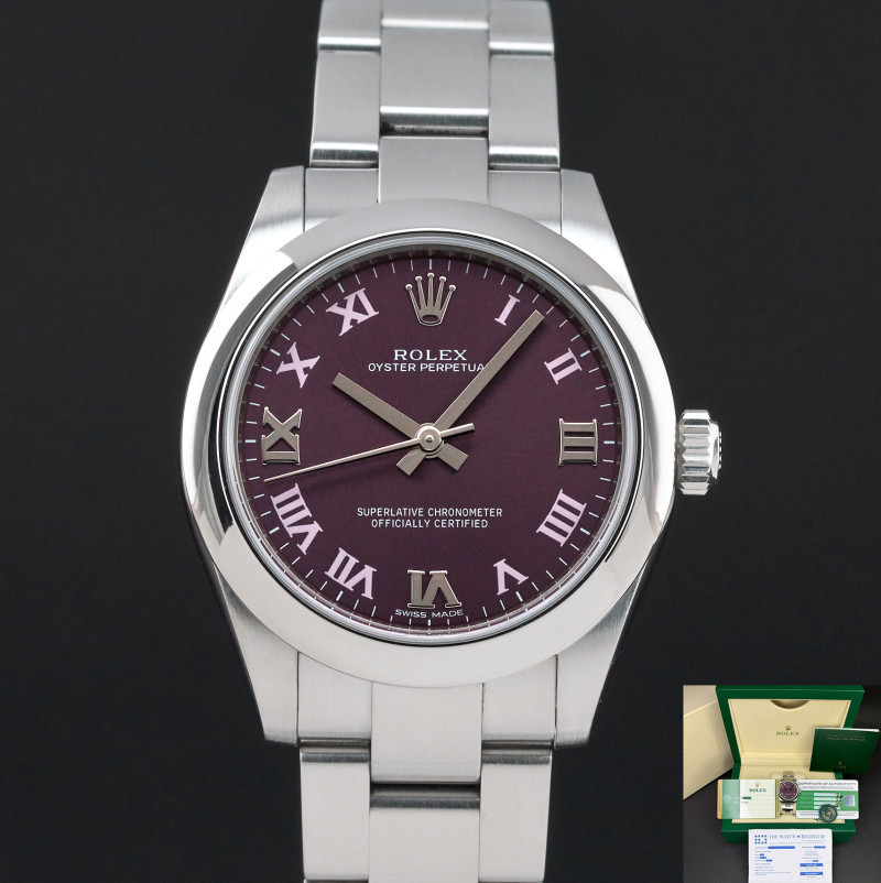 Rolex Oyster Perpetual, 177200, 31mm, 2015, Steel, Red Grape Roman dial, Fullset, 1y warranty