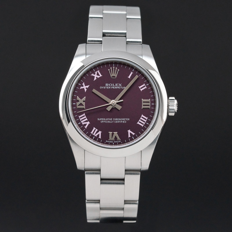 Rolex Oyster Perpetual, 177200, 31mm, 2015, Steel, Red Grape Roman dial, Fullset, 1y warranty