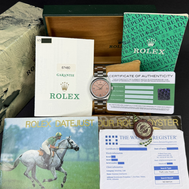 Rolex Oyster Perpetual, 67480, 31mm, 1998, Steel, Black Arabic dial, Fullset, 1y warranty