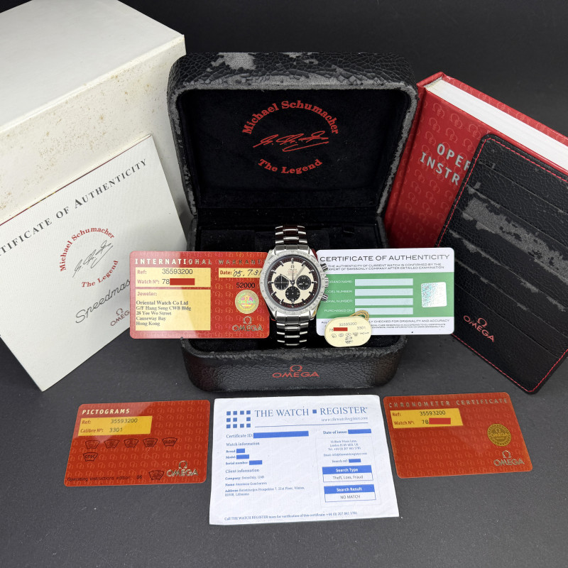 Omega Speedmaster Schumacher Legend, 3559.32, 42mm, 2005, Steel, Silver dial, Fullset, 1y warranty
