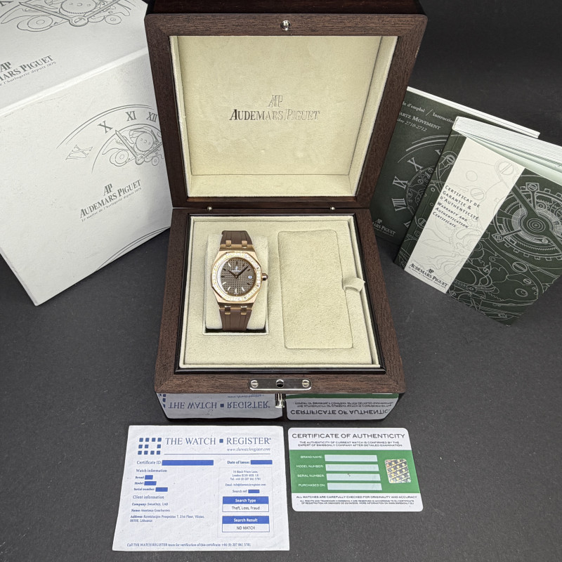 Audemars Piguet Royal Oak Lady, 67601OR.ZZ.D080CA.01, 33mm, 2009, Rose gold, Brown Méga Tapisserie dial, Fullset, 1y warranty