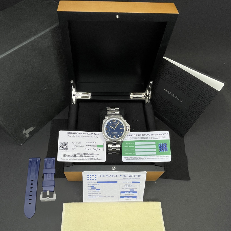 Panerai Luminor Marina Automatic, PAM 01058, 44mm, 2019, Steel, Blue Arabic dial, Fullset, 1y warranty