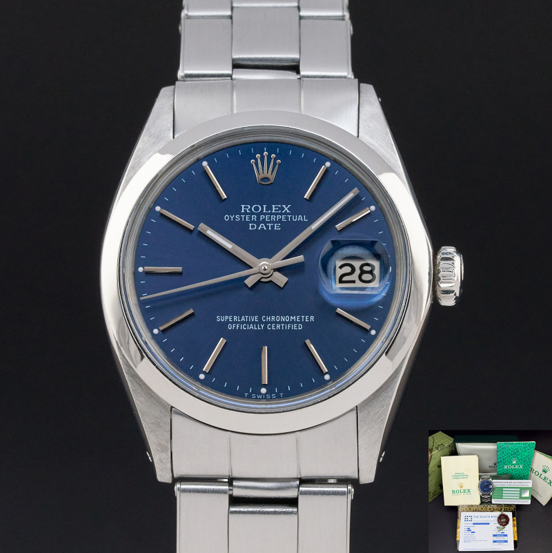 Rolex Oyster Perpetual Date, 1500, 34mm, 1969, Steel, Blue dial, Fullset, 1y warranty