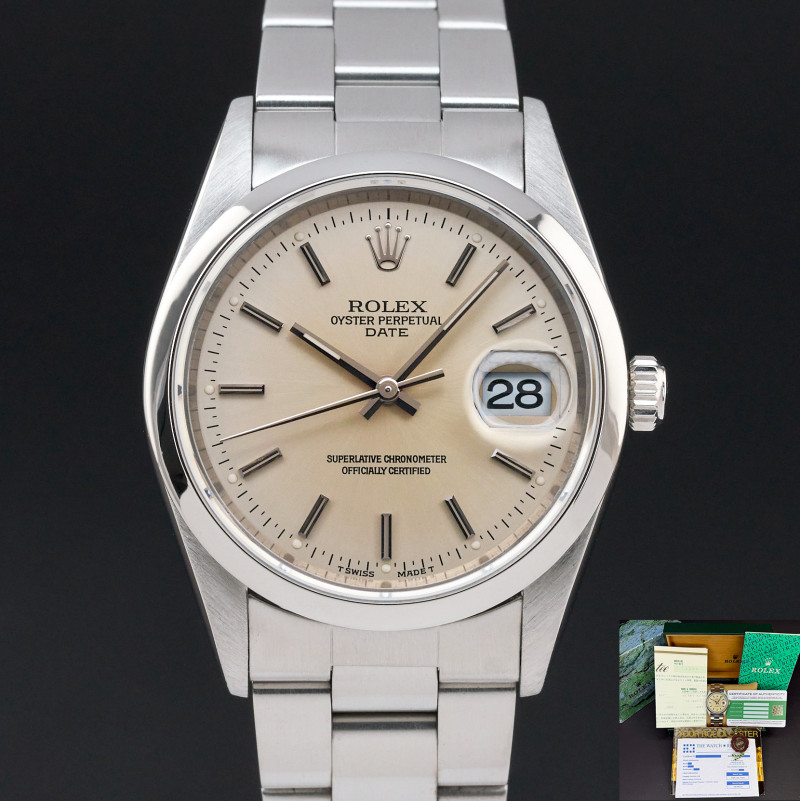 Rolex Oyster Perpetual Date, 15200, 34mm, 1996, Steel, Silver dial, Fullset, 1y warranty