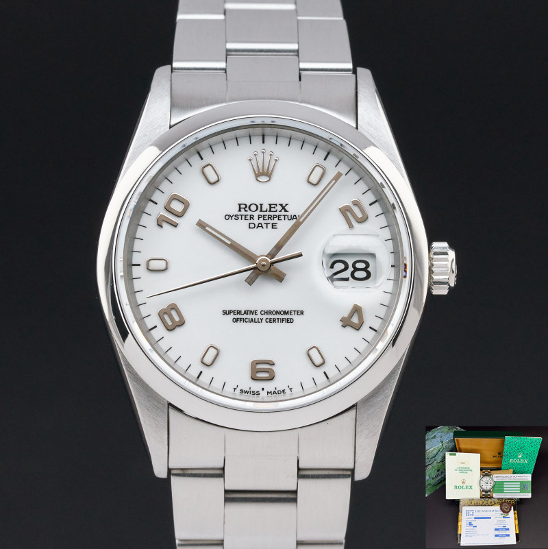 Rolex Oyster Perpetual Date, 15200, 34mm, 1998, Steel, White Arabic dial, Fullset, 1y warranty