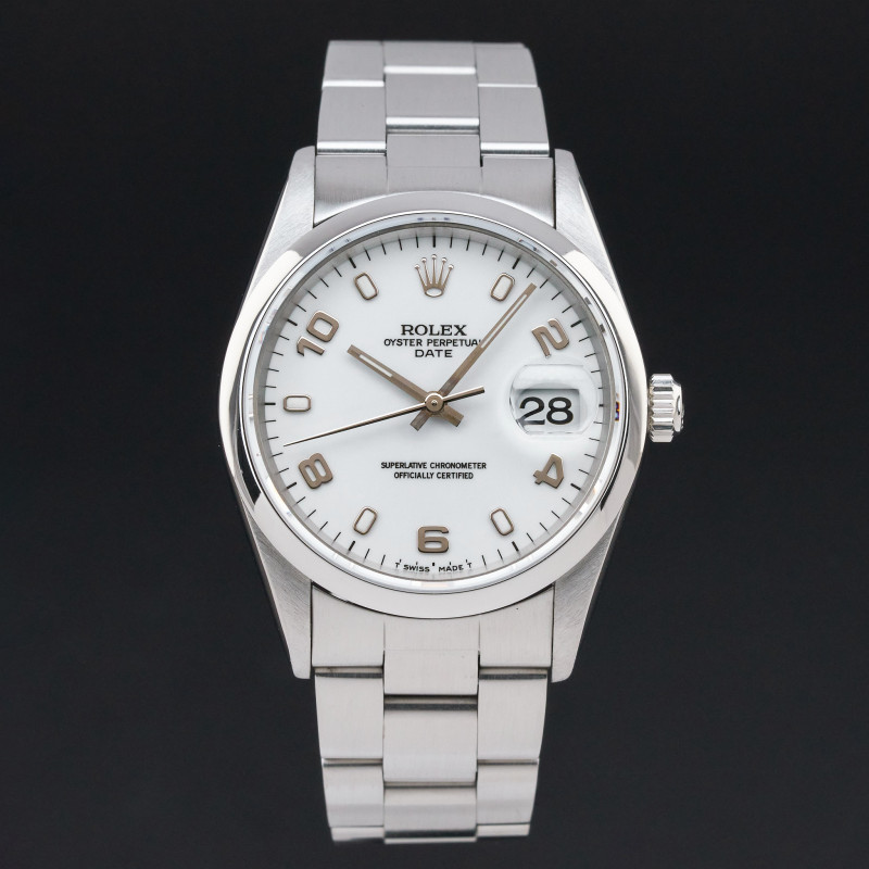 Rolex Oyster Perpetual Date, 15200, 34mm, 1998, Steel, White Arabic dial, Fullset, 1y warranty