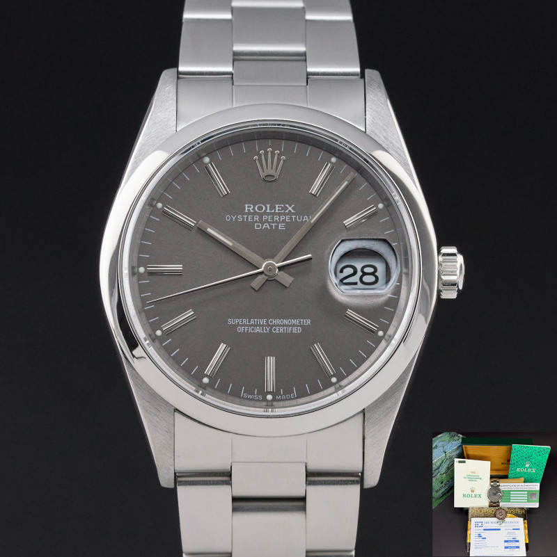 Rolex Oyster Perpetual Date, 15200, 34mm, 1999, Steel, Grey dial, Fullset, 1y warranty