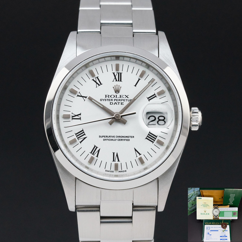 Rolex Oyster Perpetual Date, 15200, 34mm, 2000, Steel, White Roman dial, Fullset, 1y warranty
