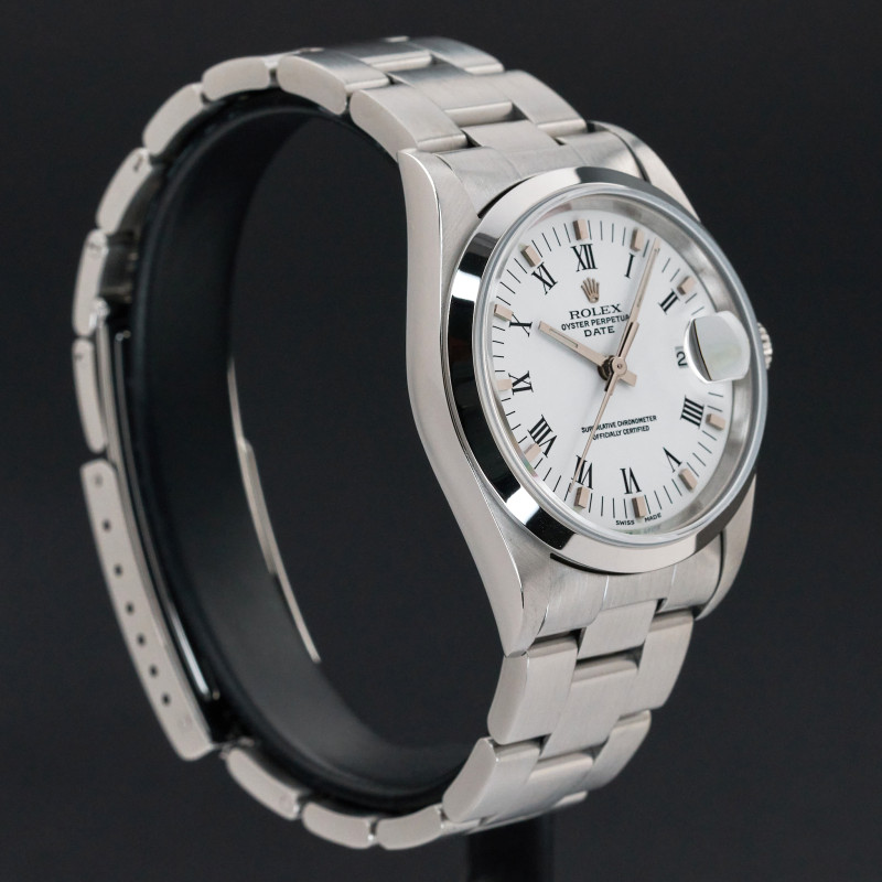 Rolex Oyster Perpetual Date, 15200, 34mm, 2000, Steel, White Roman dial, Fullset, 1y warranty