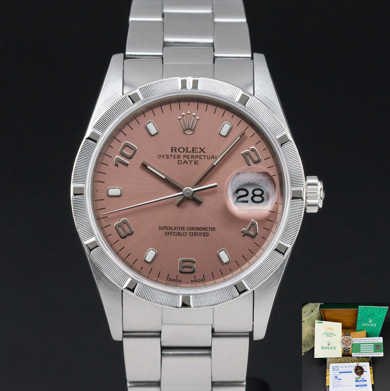Rolex Oyster Perpetual Date, 15210, 34mm, 1991, Steel, Salmon Arabic dial, Fullset, 1y warranty