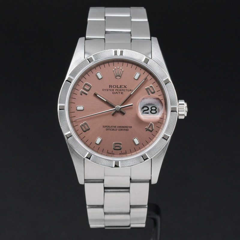 Rolex Oyster Perpetual Date, 15210, 34mm, 1991, Steel, Salmon Arabic dial, Fullset, 1y warranty