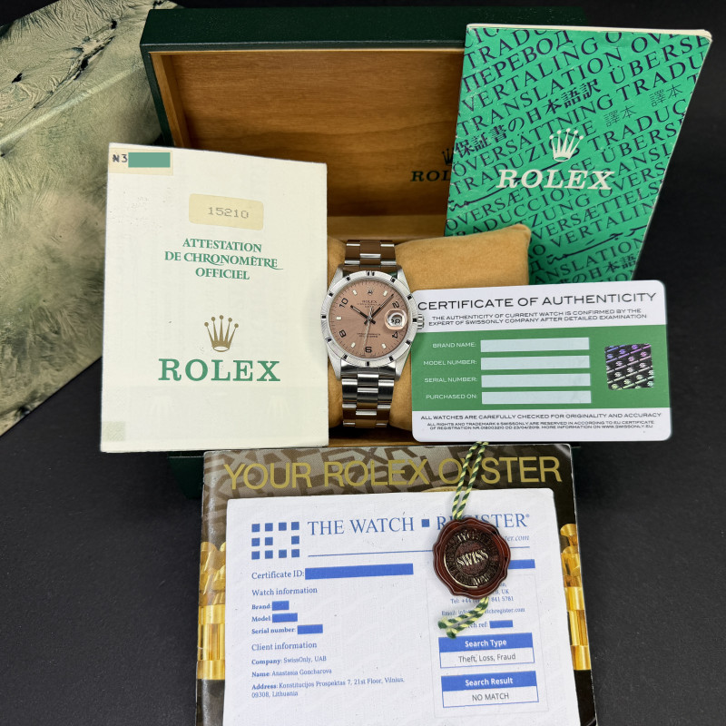 Rolex Oyster Perpetual Date, 15210, 34mm, 1991, Steel, Salmon Arabic dial, Fullset, 1y warranty